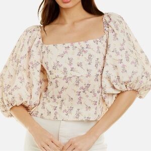 70F/21C Floral Cottagecore Lantern Puff Sleeve Blouse Top Shirt Tie Back XS NEW